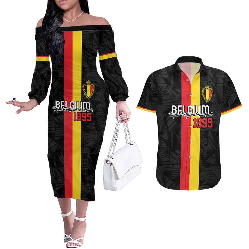 Custom Belgium Football Couples Matching Off The Shoulder Long Sleeve Dress and Hawaiian Shirt De Rode Duivels