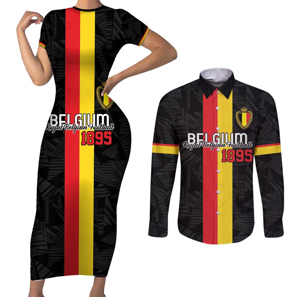 Custom Belgium Football Couples Matching Short Sleeve Bodycon Dress and Long Sleeve Button Shirt De Rode Duivels