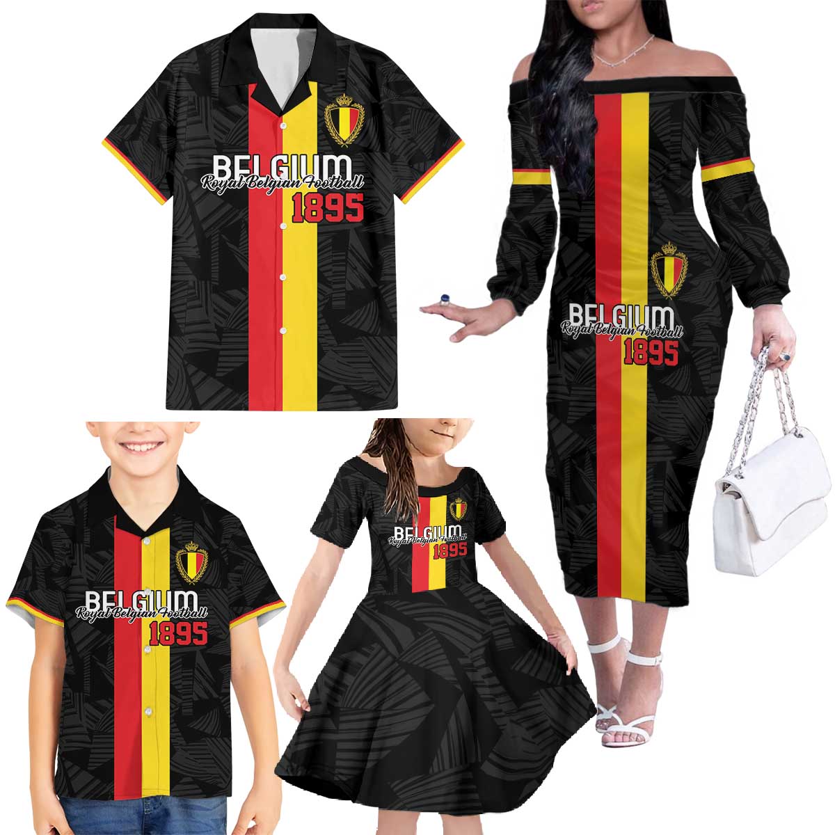 Custom Belgium Football Family Matching Off The Shoulder Long Sleeve Dress and Hawaiian Shirt De Rode Duivels