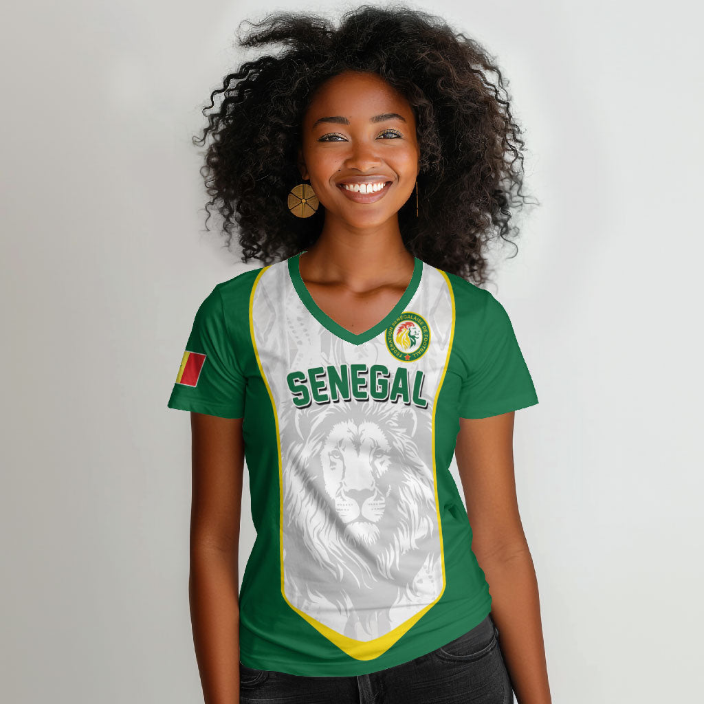 Custom Senegal Football 2026 Women V-Neck T-Shirt Proud Lions of Teranga Spirit