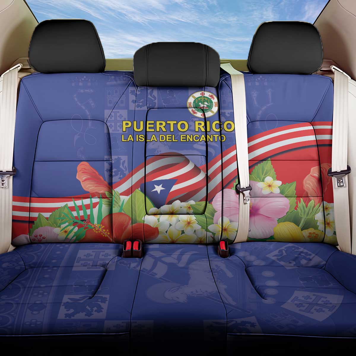 Puerto Rico Coat Of Arm Back Car Seat Cover With Thespesia Grandiflora Flowers - Wonder Print Shop