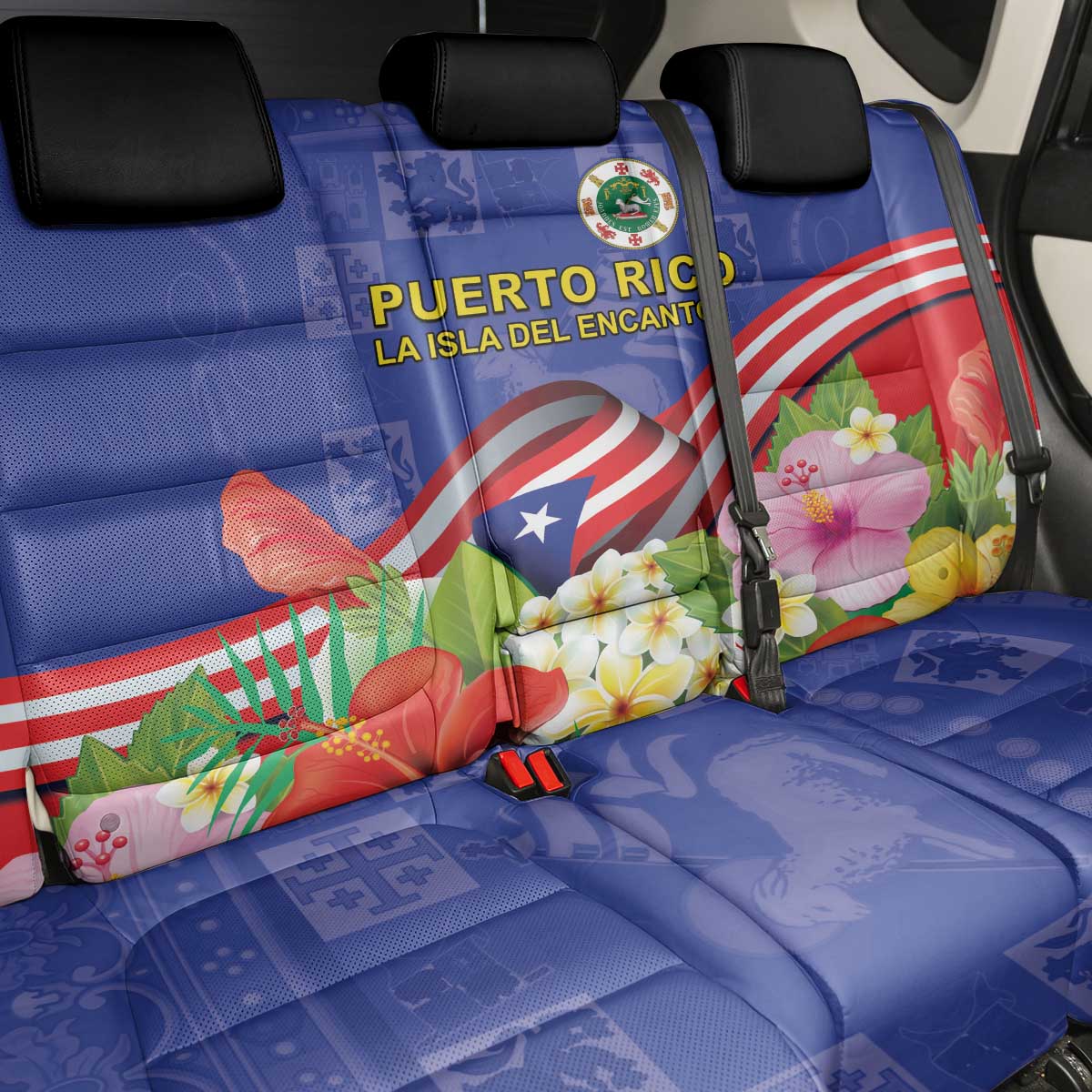 Puerto Rico Coat Of Arm Back Car Seat Cover With Thespesia Grandiflora Flowers - Wonder Print Shop
