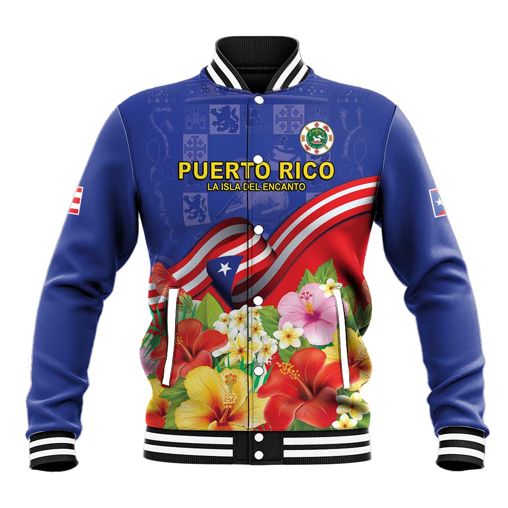 Puerto Rico Coat Of Arm Baseball Jacket With Thespesia Grandiflora Flowers - Wonder Print Shop
