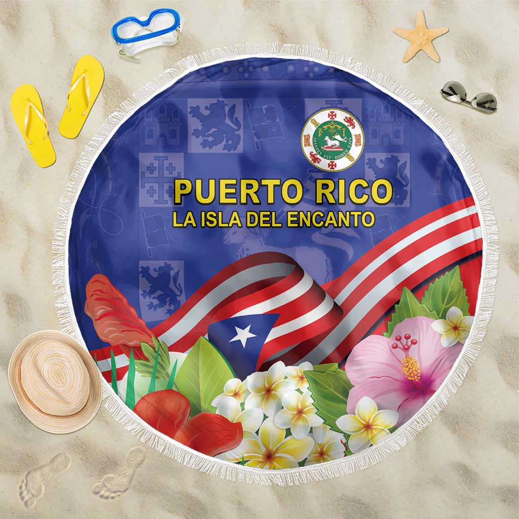 Puerto Rico Coat Of Arm Beach Blanket With Thespesia Grandiflora Flowers - Wonder Print Shop