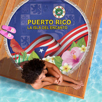 Puerto Rico Coat Of Arm Beach Blanket With Thespesia Grandiflora Flowers - Wonder Print Shop
