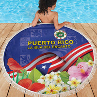 Puerto Rico Coat Of Arm Beach Blanket With Thespesia Grandiflora Flowers - Wonder Print Shop