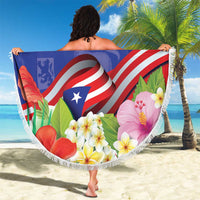 Puerto Rico Coat Of Arm Beach Blanket With Thespesia Grandiflora Flowers - Wonder Print Shop