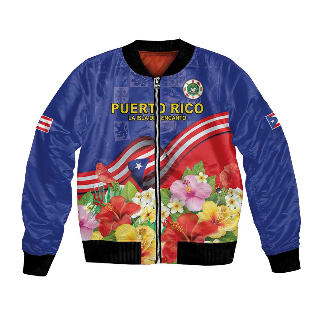 Puerto Rico Coat Of Arm Bomber Jacket With Thespesia Grandiflora Flowers - Wonder Print Shop