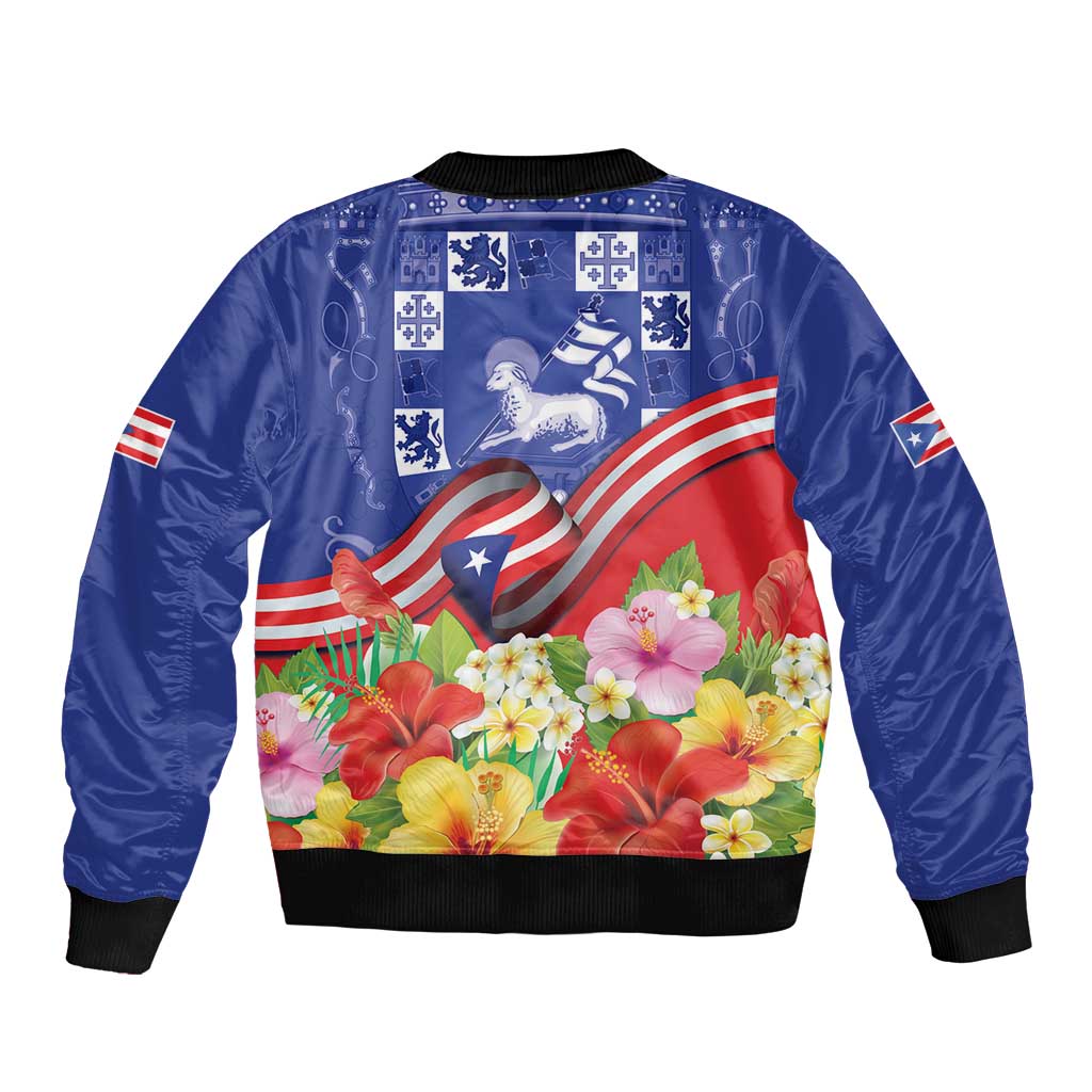Puerto Rico Coat Of Arm Bomber Jacket With Thespesia Grandiflora Flowers - Wonder Print Shop