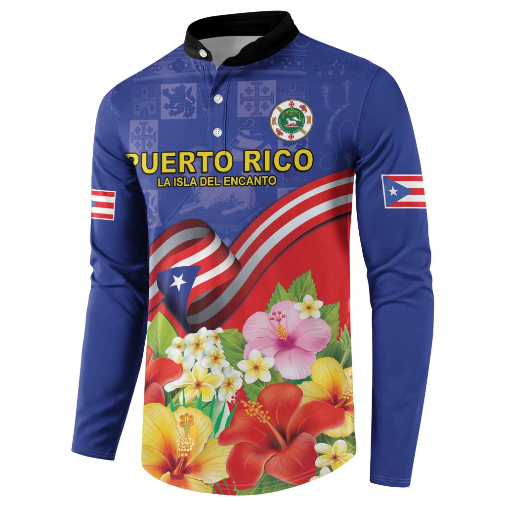 Puerto Rico Coat Of Arm Button Sweatshirt With Thespesia Grandiflora Flowers - Wonder Print Shop