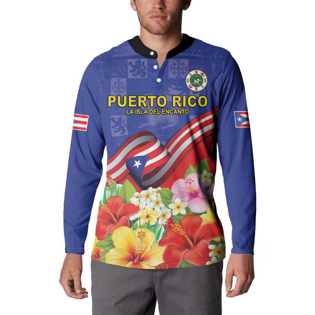 Puerto Rico Coat Of Arm Button Sweatshirt With Thespesia Grandiflora Flowers - Wonder Print Shop