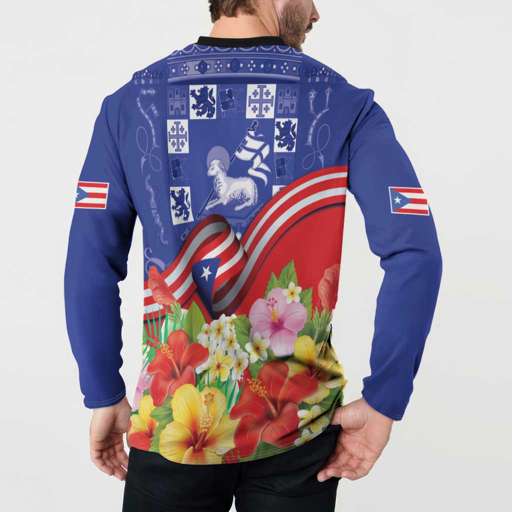 Puerto Rico Coat Of Arm Button Sweatshirt With Thespesia Grandiflora Flowers - Wonder Print Shop