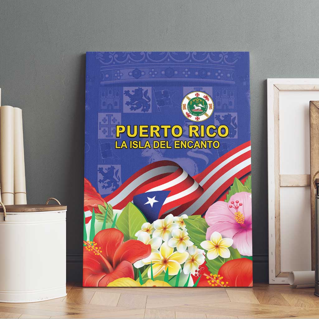 Puerto Rico Coat Of Arm Canvas Wall Art With Thespesia Grandiflora Flowers - Wonder Print Shop