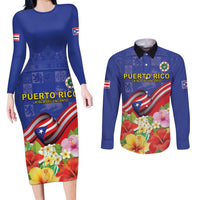 Puerto Rico Coat Of Arm Couples Matching Long Sleeve Bodycon Dress and Long Sleeve Button Shirt With Thespesia Grandiflora Flowers - Wonder Print Shop