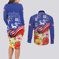 Puerto Rico Coat Of Arm Couples Matching Long Sleeve Bodycon Dress and Long Sleeve Button Shirt With Thespesia Grandiflora Flowers - Wonder Print Shop