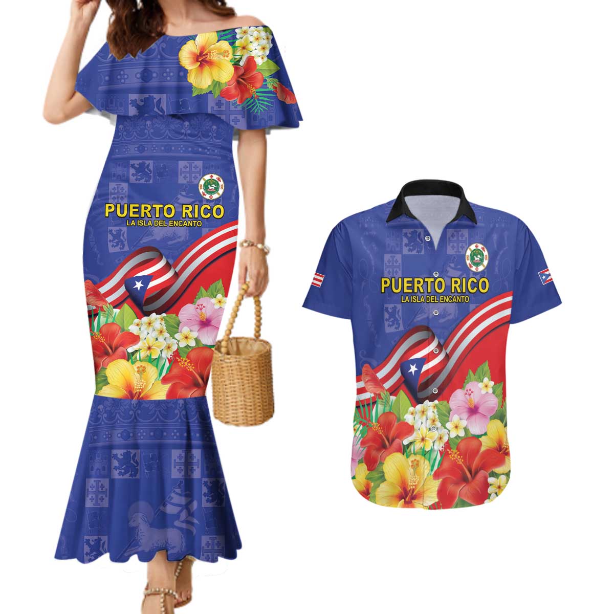 Puerto Rico Coat Of Arm Couples Matching Mermaid Dress and Hawaiian Shirt With Thespesia Grandiflora Flowers - Wonder Print Shop