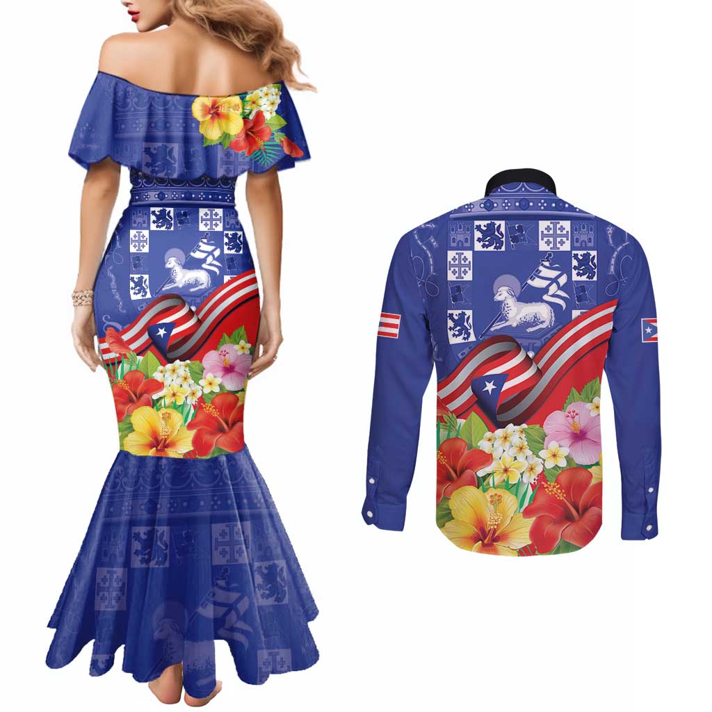 Puerto Rico Coat Of Arm Couples Matching Mermaid Dress and Long Sleeve Button Shirt With Thespesia Grandiflora Flowers
