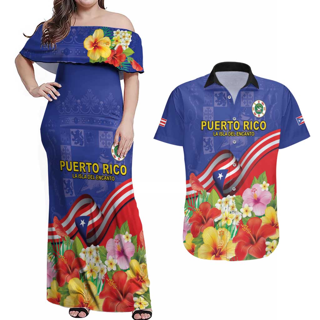 Puerto Rico Coat Of Arm Couples Matching Off Shoulder Maxi Dress and Hawaiian Shirt With Thespesia Grandiflora Flowers - Wonder Print Shop