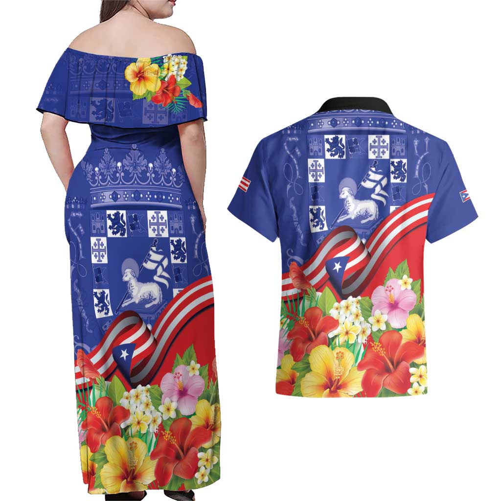 Puerto Rico Coat Of Arm Couples Matching Off Shoulder Maxi Dress and Hawaiian Shirt With Thespesia Grandiflora Flowers - Wonder Print Shop