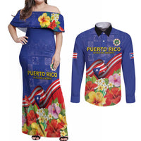 Puerto Rico Coat Of Arm Couples Matching Off Shoulder Maxi Dress and Long Sleeve Button Shirt With Thespesia Grandiflora Flowers - Wonder Print Shop