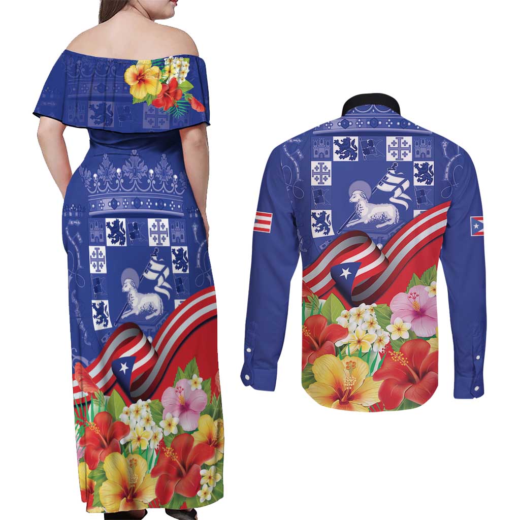 Puerto Rico Coat Of Arm Couples Matching Off Shoulder Maxi Dress and Long Sleeve Button Shirt With Thespesia Grandiflora Flowers - Wonder Print Shop