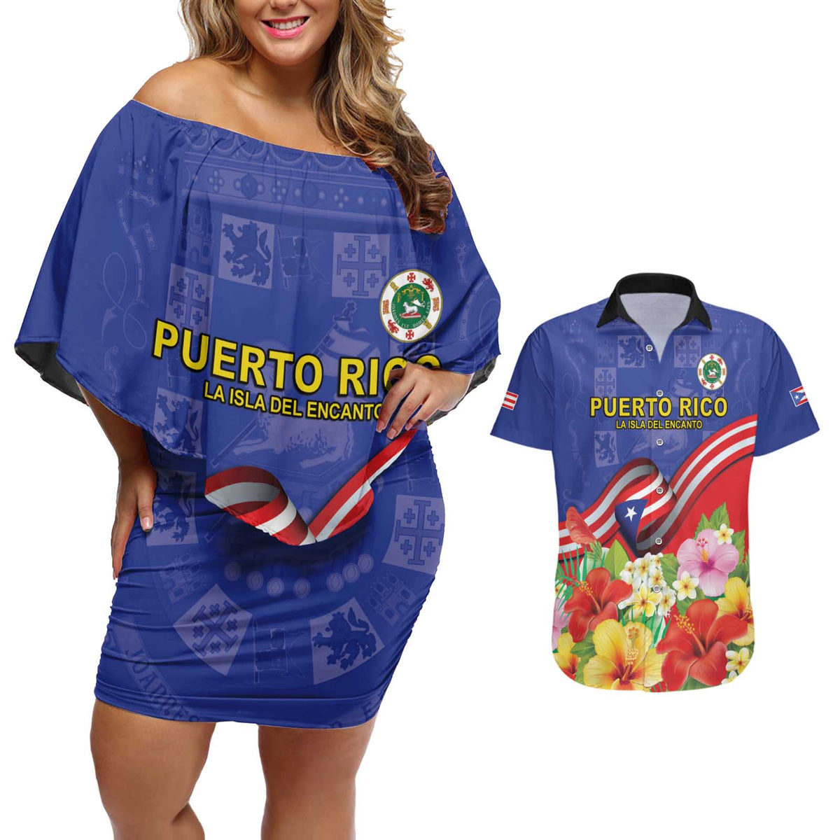 Puerto Rico Coat Of Arm Couples Matching Off Shoulder Short Dress and Hawaiian Shirt With Thespesia Grandiflora Flowers - Wonder Print Shop