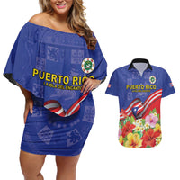 Puerto Rico Coat Of Arm Couples Matching Off Shoulder Short Dress and Hawaiian Shirt With Thespesia Grandiflora Flowers - Wonder Print Shop
