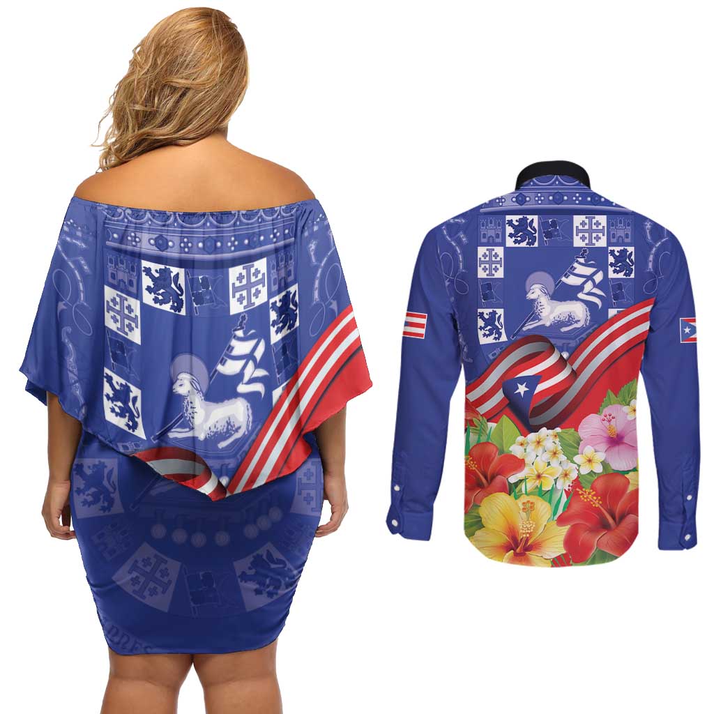 Puerto Rico Coat Of Arm Couples Matching Off Shoulder Short Dress and Long Sleeve Button Shirt With Thespesia Grandiflora Flowers - Wonder Print Shop