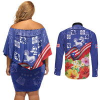 Puerto Rico Coat Of Arm Couples Matching Off Shoulder Short Dress and Long Sleeve Button Shirt With Thespesia Grandiflora Flowers - Wonder Print Shop