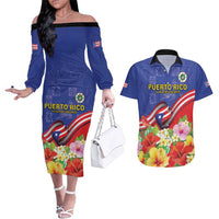 Puerto Rico Coat Of Arm Couples Matching Off The Shoulder Long Sleeve Dress and Hawaiian Shirt With Thespesia Grandiflora Flowers - Wonder Print Shop