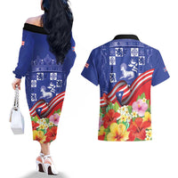 Puerto Rico Coat Of Arm Couples Matching Off The Shoulder Long Sleeve Dress and Hawaiian Shirt With Thespesia Grandiflora Flowers - Wonder Print Shop