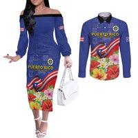 Puerto Rico Coat Of Arm Couples Matching Off The Shoulder Long Sleeve Dress and Long Sleeve Button Shirt With Thespesia Grandiflora Flowers