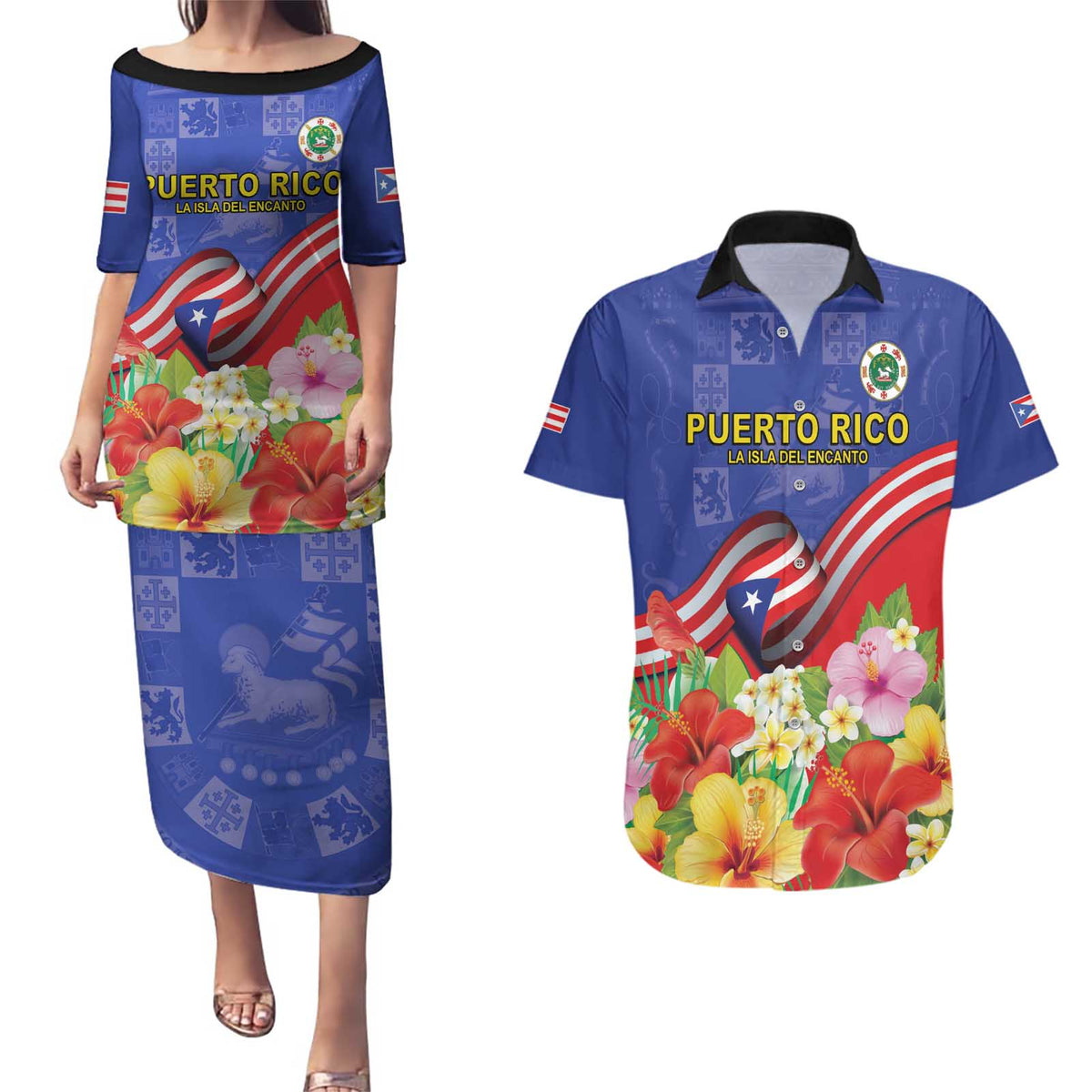 Puerto Rico Coat Of Arm Couples Matching Puletasi and Hawaiian Shirt With Thespesia Grandiflora Flowers - Wonder Print Shop