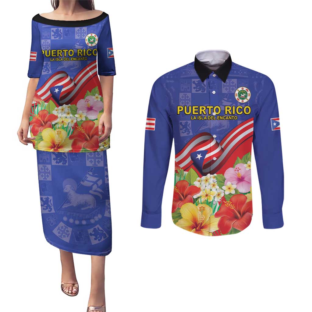 Puerto Rico Coat Of Arm Couples Matching Puletasi and Long Sleeve Button Shirt With Thespesia Grandiflora Flowers - Wonder Print Shop