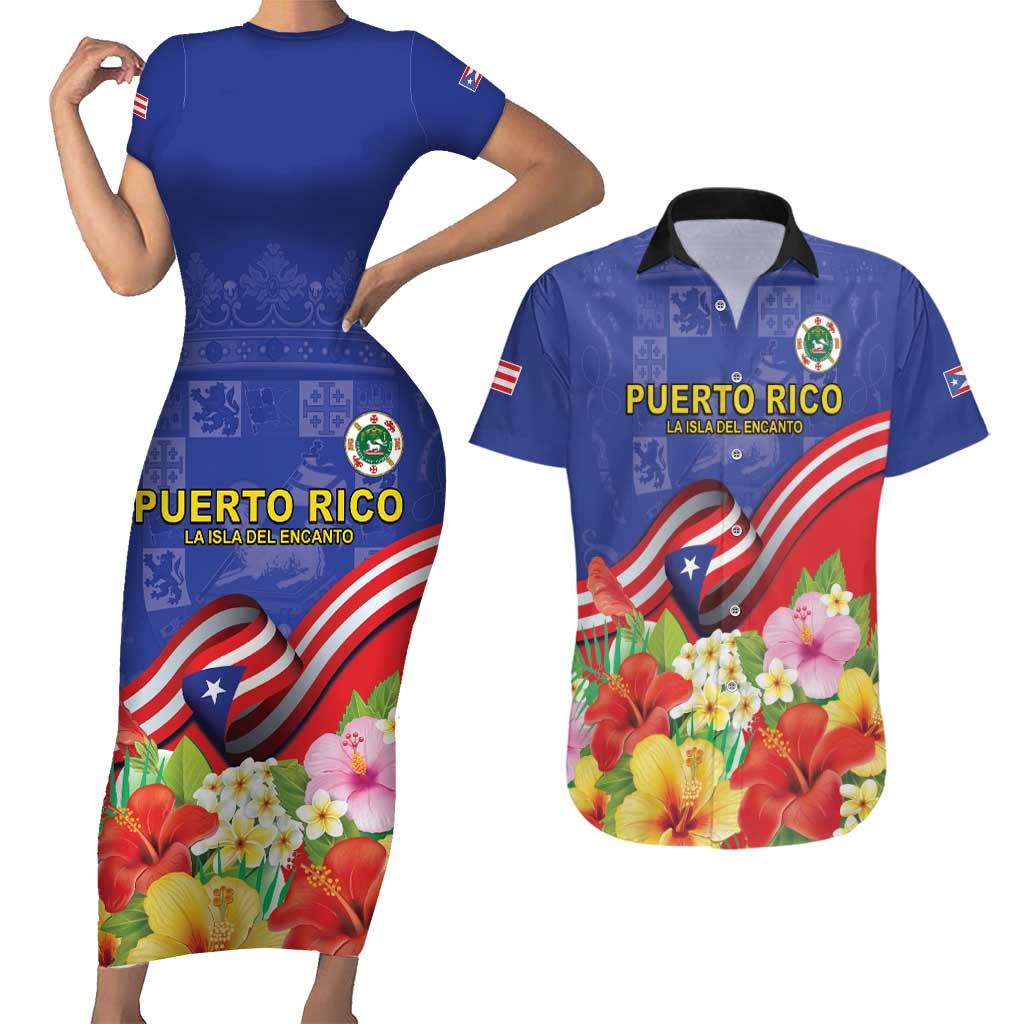 Puerto Rico Coat Of Arm Couples Matching Short Sleeve Bodycon Dress and Hawaiian Shirt With Thespesia Grandiflora Flowers - Wonder Print Shop