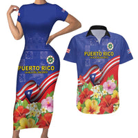 Puerto Rico Coat Of Arm Couples Matching Short Sleeve Bodycon Dress and Hawaiian Shirt With Thespesia Grandiflora Flowers - Wonder Print Shop