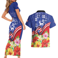 Puerto Rico Coat Of Arm Couples Matching Short Sleeve Bodycon Dress and Hawaiian Shirt With Thespesia Grandiflora Flowers - Wonder Print Shop
