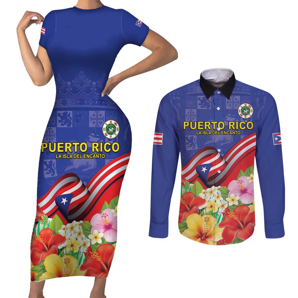 Puerto Rico Coat Of Arm Couples Matching Short Sleeve Bodycon Dress and Long Sleeve Button Shirt With Thespesia Grandiflora Flowers - Wonder Print Shop