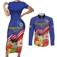 Puerto Rico Coat Of Arm Couples Matching Short Sleeve Bodycon Dress and Long Sleeve Button Shirt With Thespesia Grandiflora Flowers - Wonder Print Shop