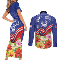 Puerto Rico Coat Of Arm Couples Matching Short Sleeve Bodycon Dress and Long Sleeve Button Shirt With Thespesia Grandiflora Flowers - Wonder Print Shop