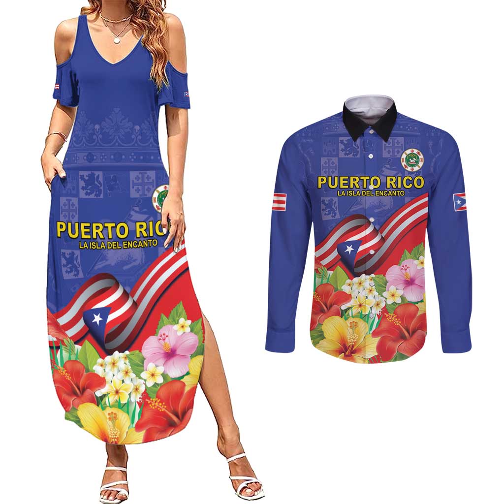 Puerto Rico Coat Of Arm Couples Matching Summer Maxi Dress and Long Sleeve Button Shirt With Thespesia Grandiflora Flowers - Wonder Print Shop