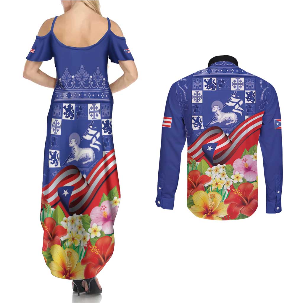 Puerto Rico Coat Of Arm Couples Matching Summer Maxi Dress and Long Sleeve Button Shirt With Thespesia Grandiflora Flowers - Wonder Print Shop