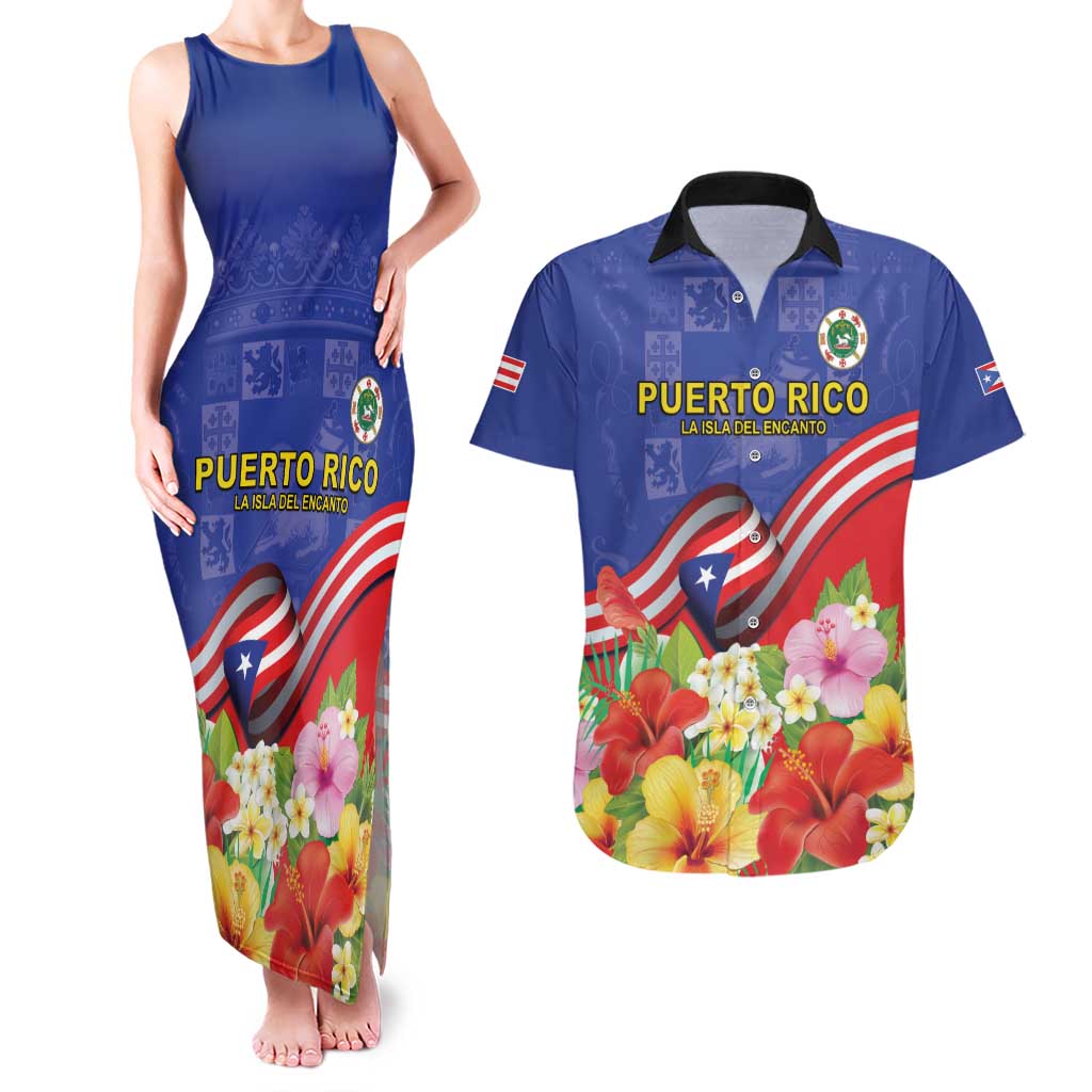Puerto Rico Coat Of Arm Couples Matching Tank Maxi Dress and Hawaiian Shirt With Thespesia Grandiflora Flowers - Wonder Print Shop