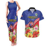 Puerto Rico Coat Of Arm Couples Matching Tank Maxi Dress and Hawaiian Shirt With Thespesia Grandiflora Flowers - Wonder Print Shop