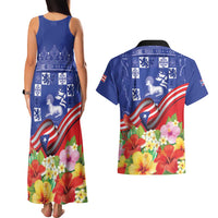 Puerto Rico Coat Of Arm Couples Matching Tank Maxi Dress and Hawaiian Shirt With Thespesia Grandiflora Flowers - Wonder Print Shop