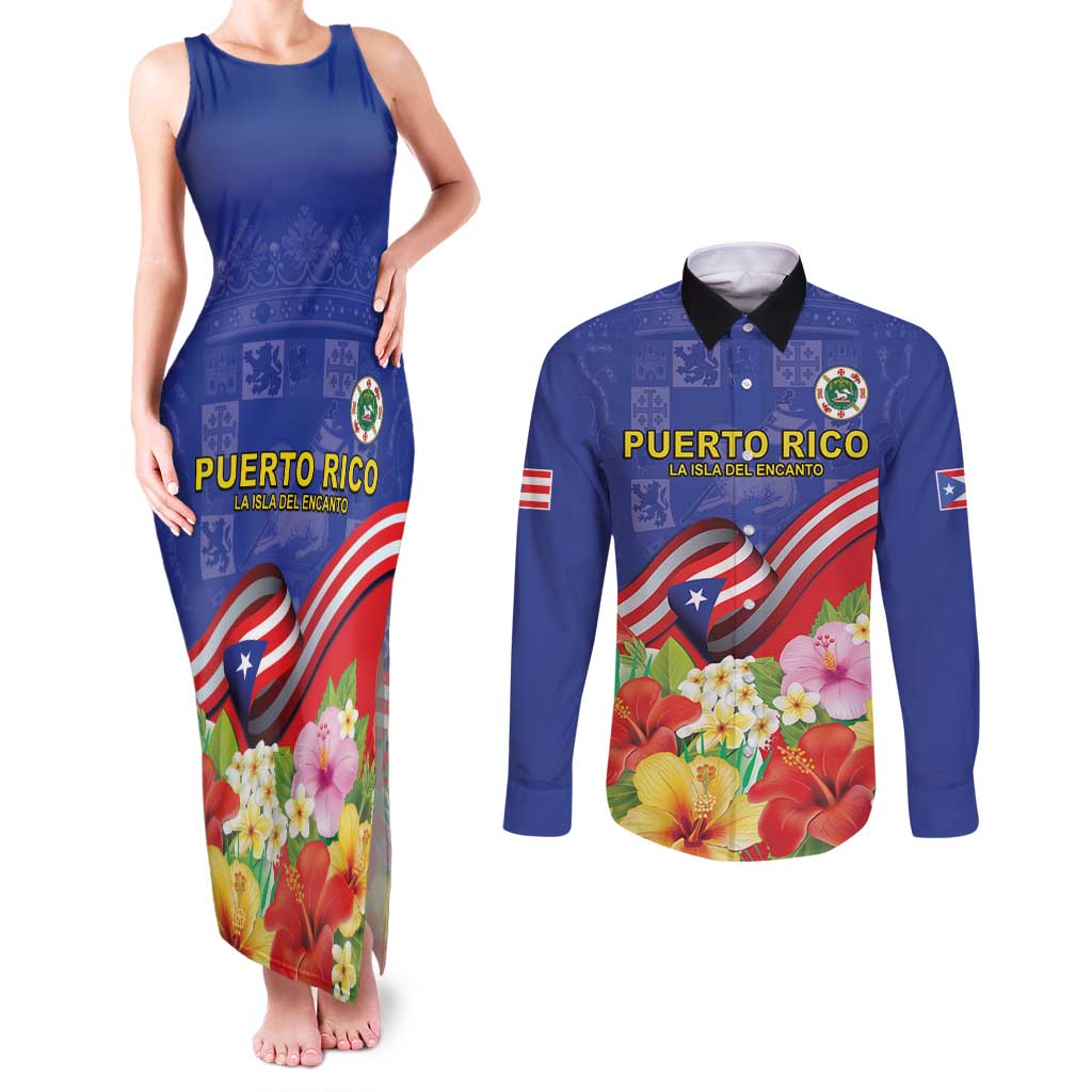 Puerto Rico Coat Of Arm Couples Matching Tank Maxi Dress and Long Sleeve Button Shirt With Thespesia Grandiflora Flowers - Wonder Print Shop
