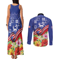 Puerto Rico Coat Of Arm Couples Matching Tank Maxi Dress and Long Sleeve Button Shirt With Thespesia Grandiflora Flowers - Wonder Print Shop