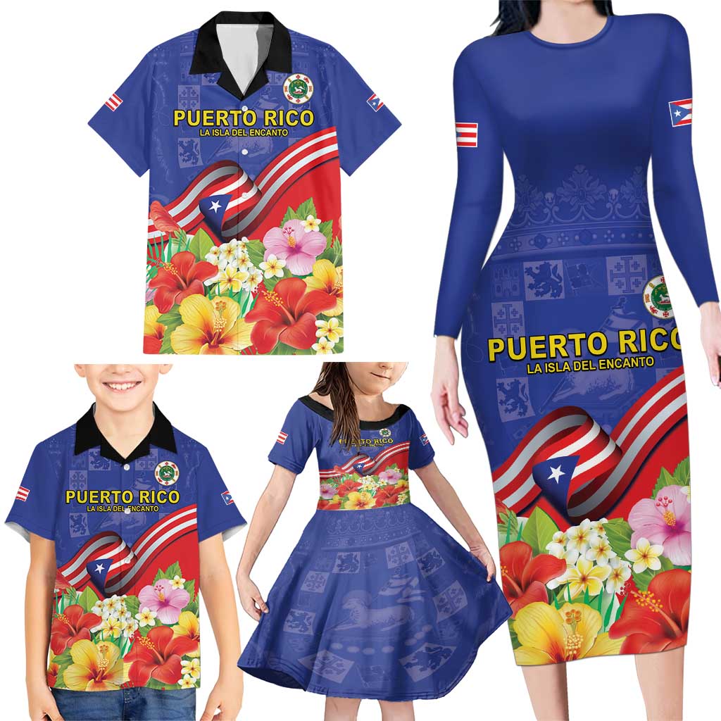 Puerto Rico Coat Of Arm Family Matching Long Sleeve Bodycon Dress and Hawaiian Shirt With Thespesia Grandiflora Flowers - Wonder Print Shop