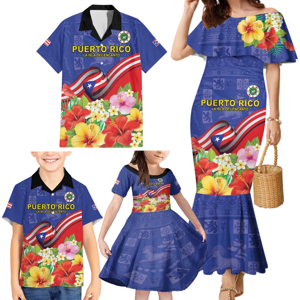 Puerto Rico Coat Of Arm Family Matching Mermaid Dress and Hawaiian Shirt With Thespesia Grandiflora Flowers - Wonder Print Shop