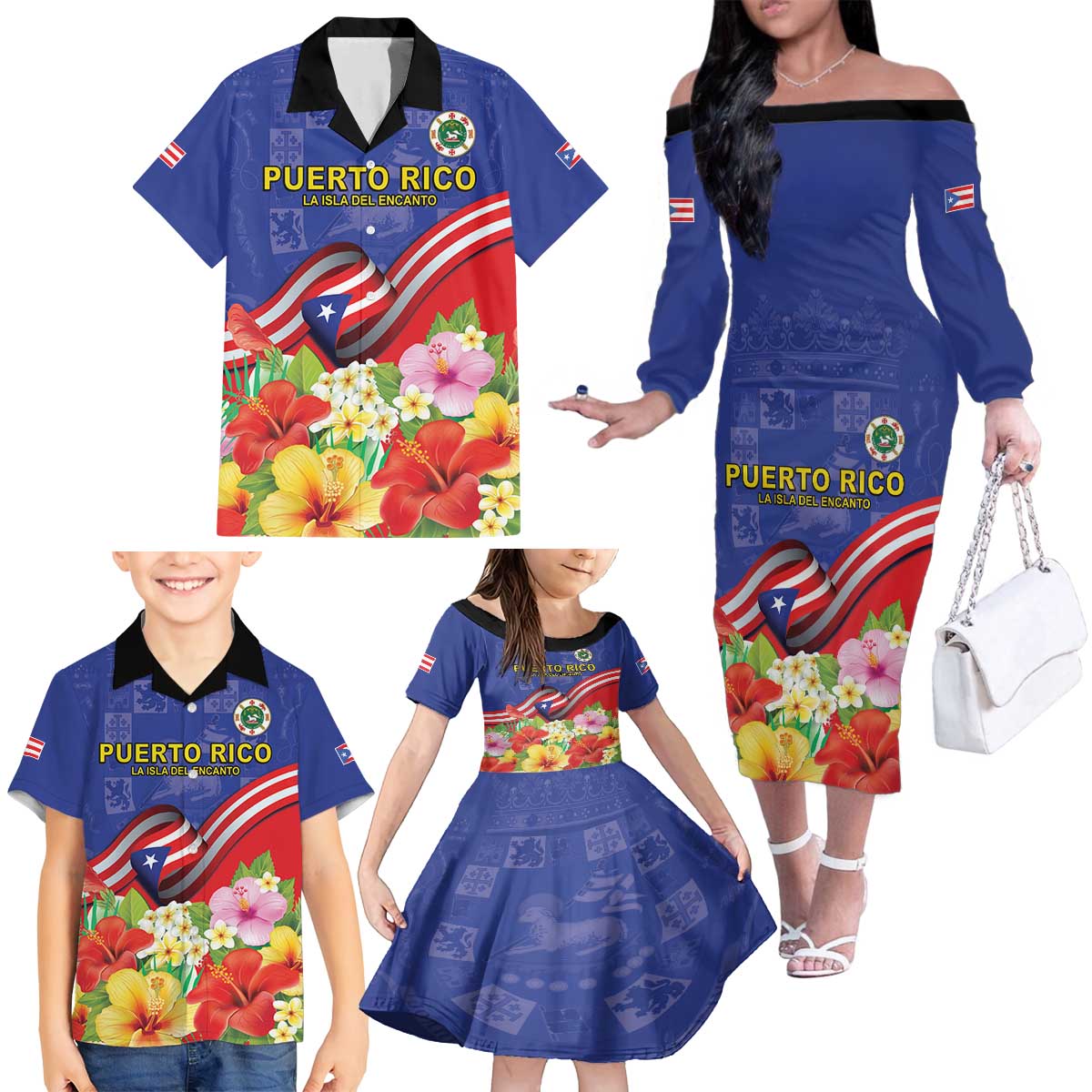 Puerto Rico Coat Of Arm Family Matching Off The Shoulder Long Sleeve Dress and Hawaiian Shirt With Thespesia Grandiflora Flowers - Wonder Print Shop